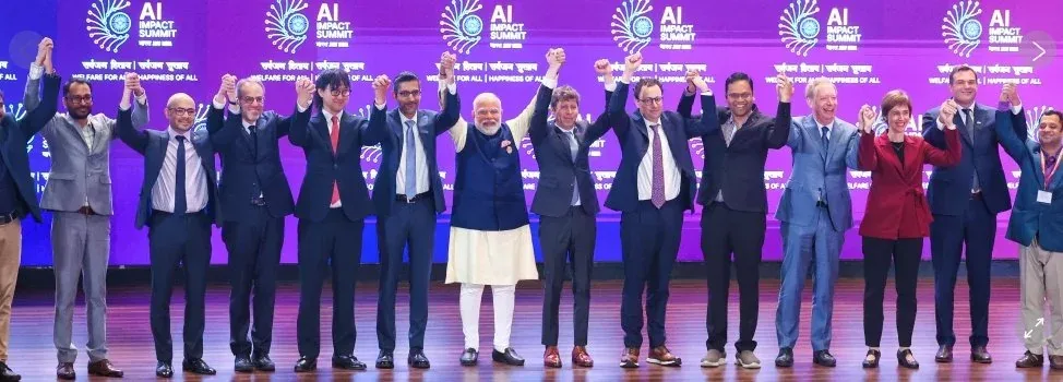 PM Narendra Modi with world leaders and AI CEOs at the India AI Impact Summit 2026